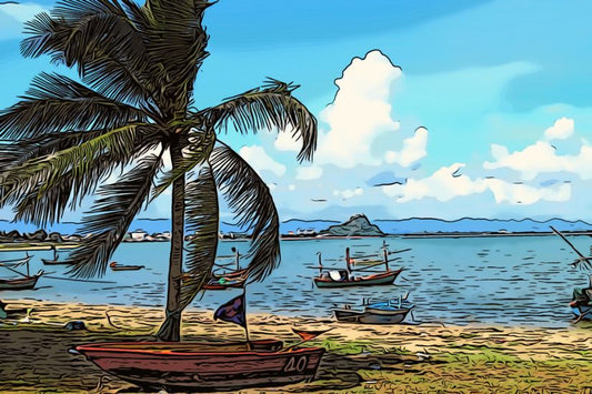 Çizgi roman posteri: sahilde balıkçı teknesi