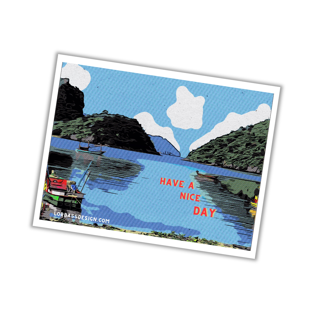 Comic-Postkarte: Fischerboote ruhen in der Bucht