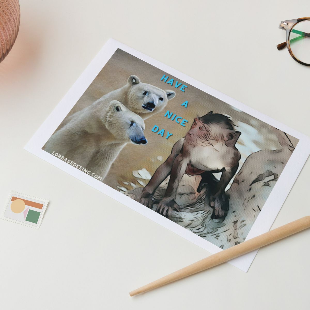 Comic-Postkarte: Die Eisbären spielen mit dem Äffchen?