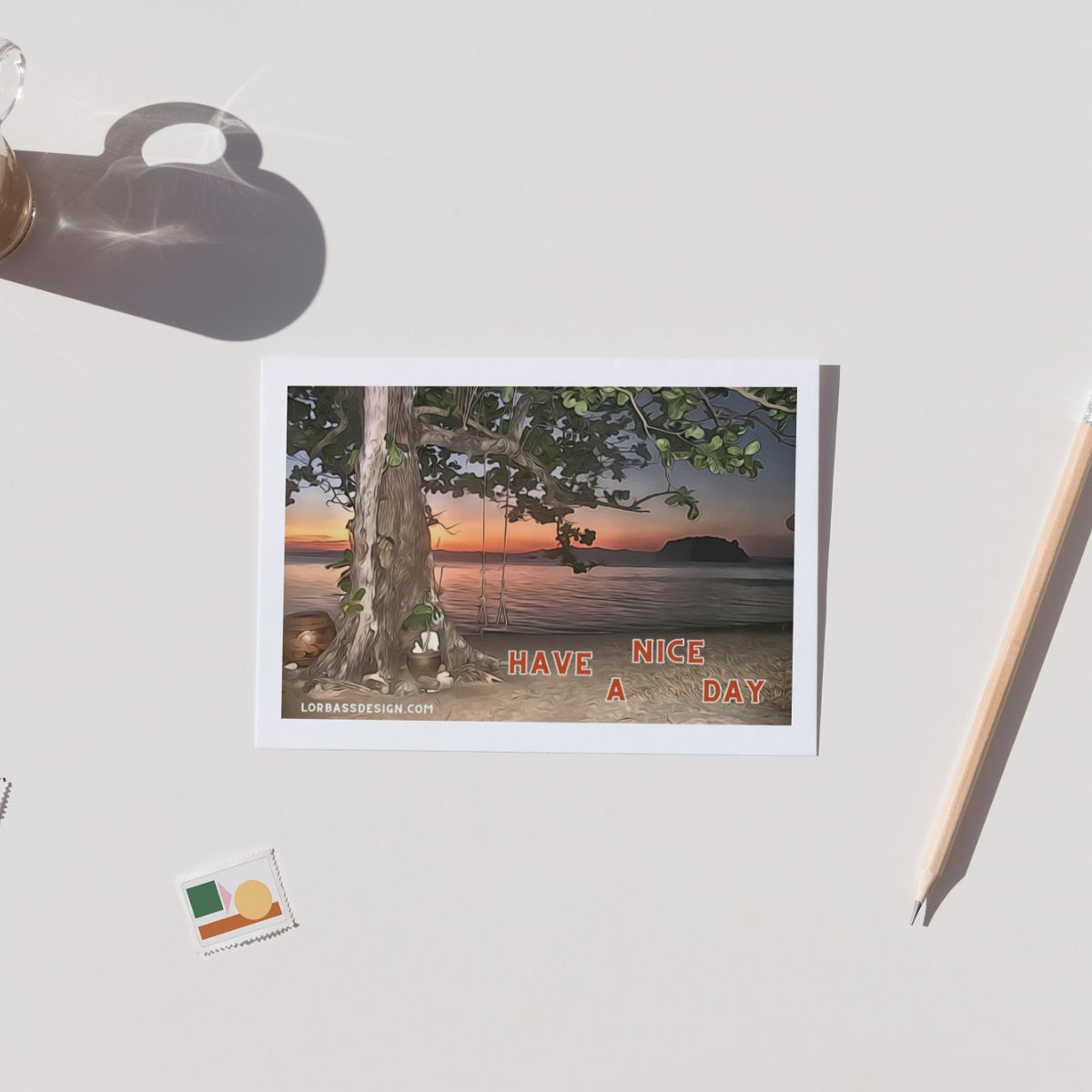 Comic-Postkarte: Sonnenuntergang auf der einsamen Insel
