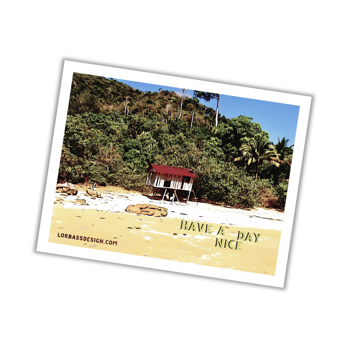Comic-Postkarte: Einsame Fischerhütte am Strand